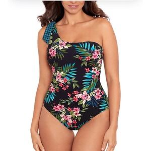SkinnyDippers Miraclesuit Flapjack One Shoulder Reversible Floral‎ Swimsuit Med
